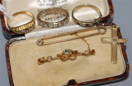 An 18ct gold, sapphire and diamond half-hoop ring, a  9ct gold, ruby and diamond five-stone ring and four other items